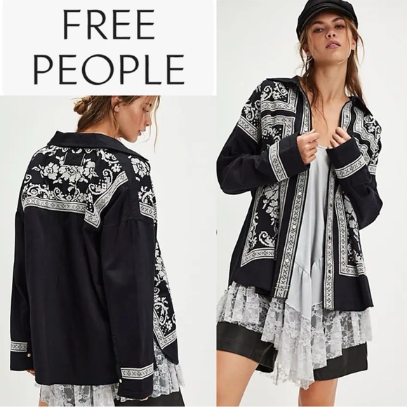 WE THE FREE LACE EMBROIDERED DENIM RANCHER SHIRT JACKET IN BLACK COMBO **NWT** - Picture 1 of 16